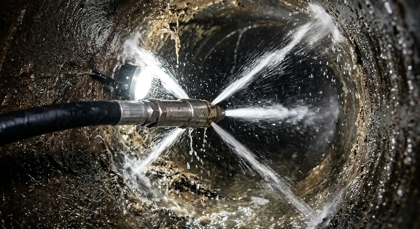 High-pressure hydro jetting nozzle cleaning sewer pipe for Trenchless Sewer Repair in Terre Haute