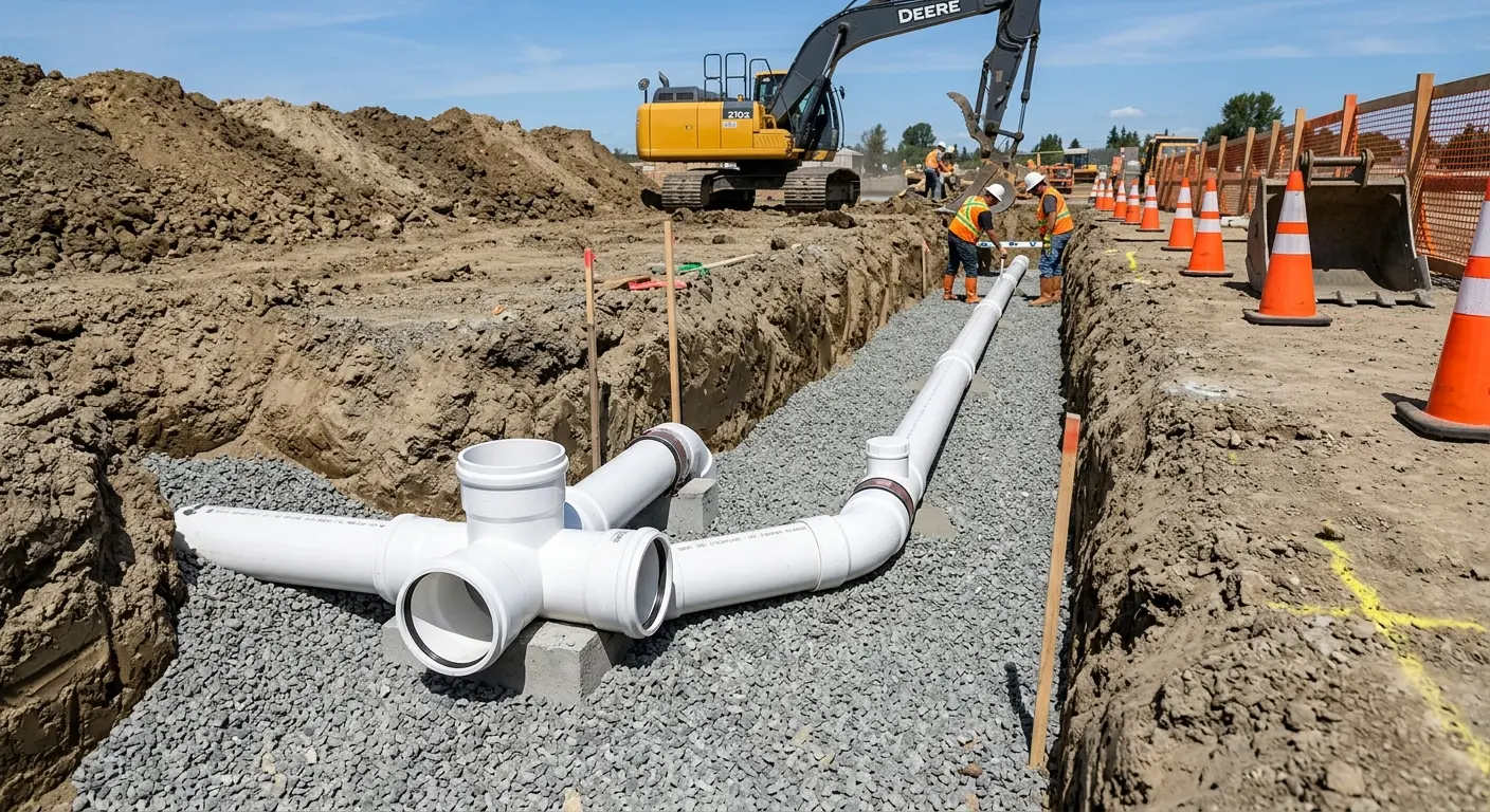 New PVC sewer pipe installation in open trench for Sewer Backup in Terre Haute