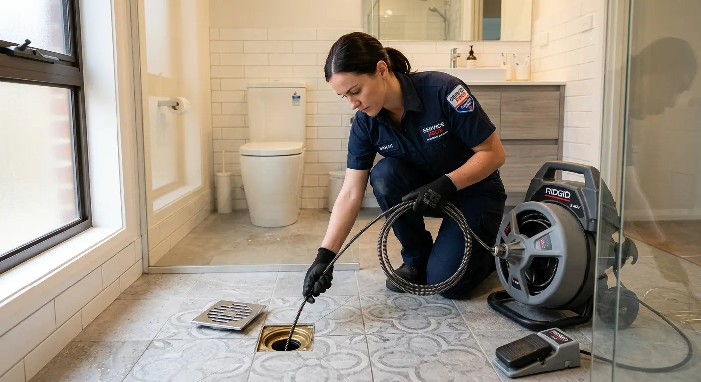 Technician clearing a bathroom floor drain for Drain Cleaning in Terre Haute